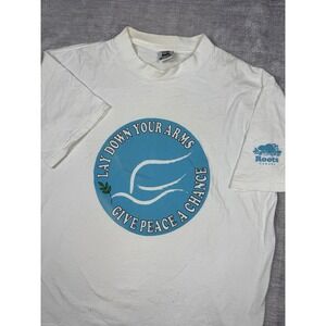 Roots‎ Canada shirt Mens XL White Vtg 90s Peace Lay Down Your Arms Single Stitch